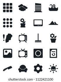 Set of vector isolated black icon - tv vector, clouds, document reload, flower in pot, rake, menu, gallery, settings, record, pool, mountains, cushioned furniture, city house, knife, smoke detector