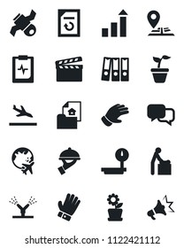 Set of vector isolated black icon - arrival vector, baby room, plane globe, growth statistic, document reload, seedling, glove, pulse clipboard, navigation, satellite, heavy scales, clapboard