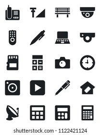 Set of vector isolated black icon - camera vector, calculator, pen, notebook pc, bench, clock, satellite antenna, radio phone, play button, mobile, sd, cellular signal, smart home, remote control