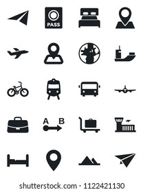 Set of vector isolated black icon - baggage trolley vector, airport bus, train, passport, plane, building, case, bike, navigation, earth, pin, sea shipping, route, mountains, bedroom, paper