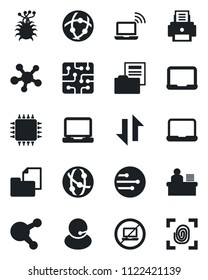Set of vector isolated black icon - no laptop vector, wireless notebook, pc, virus, support, folder document, network, share, data exchange, manager desk, printer, chip, fingerprint