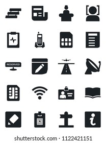 Set of vector isolated black icon - runway vector, satellite antenna, reception, identity card, book, document, pulse clipboard, signpost, office phone, sim, notes, wireless, face id, news, reserved