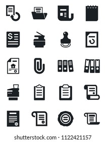 Set of vector isolated black icon - notepad vector, document reload, stamp, contract, receipt, news, clipboard, paper clip, folder, binder, copier, estate