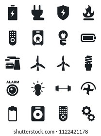 Set of vector isolated black icon - bulb vector, factory, ripper, fire, barbell, remote control, speaker, battery, protect, windmill, power plug, energy saving, alarm led, gear