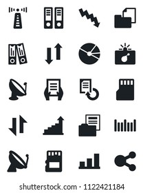 Set of vector isolated black icon - antenna vector, satellite, bomb in case, growth statistic, office binder, crisis graph, document, reload, folder, barcode, sd, data exchange, bar, pie