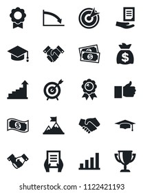 Set of vector isolated black icon - handshake vector, growth statistic, medal, graduate, money bag, document, cash, finger up, sertificate, bar graph, target, motivation, crisis, award cup