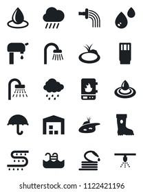 Set of vector isolated black icon - shower vector, watering, boot, water drop, rain, hose, pond, drip irrigation, umbrella, pool, supply, warehouse, bathroom, drink, heater, sprinkler