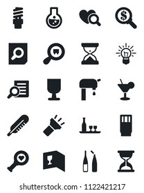 Set of vector isolated black icon - document search vector, thermometer, heart diagnostic, ampoule, fragile, cargo, torch, water supply, alcohol, wine card, drink, cocktail, energy saving bulb, idea