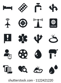 Set of vector isolated black icon - plane radar vector, passport, bed, contract, water drop, pond, heart diagnostic, pills blister, ambulance star, patient, route, important flag, reel, antenna