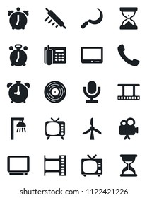 Set of vector isolated black icon - alarm clock vector, tv, sickle, film frame, vinyl, video camera, microphone, call, office phone, rolling pin, outdoor lamp, windmill, sand