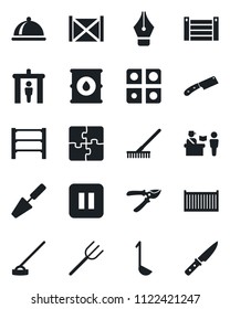 Set of vector isolated black icon - passport control vector, security gate, trowel, farm fork, rake, pruner, hoe, cargo container, oil barrel, rack, pause button, application, ink pen, dish, ladle