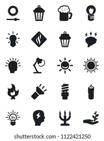 Set of vector isolated black icon - sun vector, brainstorm, bulb, fire, garden light, torch, brightness, desk lamp, beer, candle, smoke detector, energy saving, outdoor, alarm led, shining head