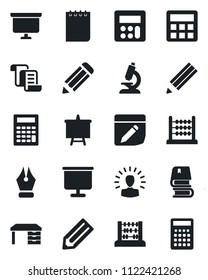 Set of vector isolated black icon - contract vector, abacus, desk, notepad, presentation board, pencil, microscope, calculator, notes, ink pen, book, shining head