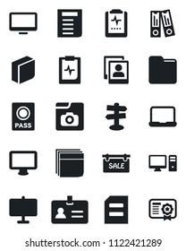 Set of vector isolated black icon - passport vector, identity, office binder, document, pulse clipboard, signpost, monitor, folder, photo gallery, presentation board, blank box, notebook pc, sale