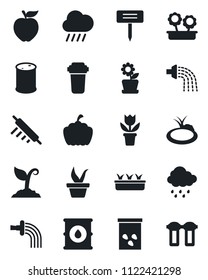 Set of vector isolated black icon - flower in pot vector, seedling, watering, sproute, rain, plant label, pumpkin, seeds, pond, oil barrel, rolling pin, apple fruit, water filter