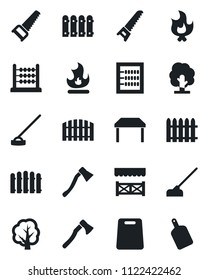 Set of vector isolated black icon - fence vector, tree, saw, fire, hoe, axe, abacus, table, alcove, cutting board