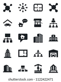 Set of vector isolated black icon - hierarchy vector, well, molecule, hospital, office building, garage, plan, home message