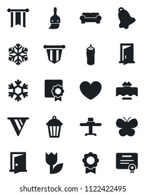 Set of vector isolated black icon - pennant vector, butterfly, garden light, heart, tulip, themes, bell, sertificate, cushioned furniture, restaurant table, candle, snowflake, door, pennon