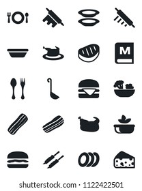 Set of vector isolated black icon - spoon and fork vector, cafe, menu, salad, plates, bacon, chicken, steak, kebab, hamburger, ladle, bowl, rolling pin, cheese