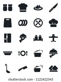 Set of vector isolated black icon - fridge vector, restaurant table, serviette, cafe, cook hat, plates, waiter, salt and pepper, ladle, bowl, cutting board, knife, steaming pan