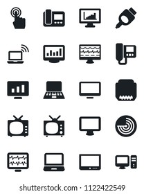 Set of vector isolated black icon - wireless notebook vector, radar, pc, statistic monitor, pulse, tv, touch screen, laptop, hdmi, statistics, intercome