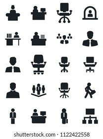 Set of vector isolated black icon - reception vector, manager, office chair, place, client, user, desk, company, estate agent, group, hierarchy