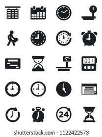 Set of vector isolated black icon - 24 around vector, alarm clock, flight table, calendar, heavy scales, stopwatch, manager, schedule, sand