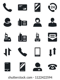 Set of vector isolated black icon - mobile phone vector, office, 24 hours, support, cell, radio, mail, call, data exchange