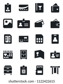 Set of vector isolated black icon - credit card vector, identity, medical calendar, gallery, sd, sim, archive box, wine, wallet, pennon