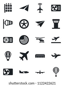 Set of vector isolated black icon - plane vector, airport tower, radar, departure, wind, helicopter, seat map, air conditioner, fan, paper, balloon