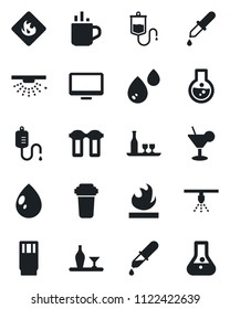 Set of vector isolated black icon - hot cup vector, water drop, dropper, flammable, monitor, alcohol, drink, cocktail, filter, sprinkler, flask