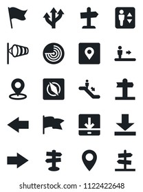 Set of vector isolated black icon - elevator vector, escalator, right arrow, left, wind, radar, route, signpost, pin, download, place tag, compass, flag, guidepost