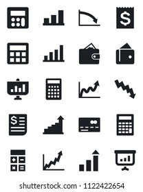 Set of vector isolated black icon - credit card vector, growth statistic, calculator, crisis graph, receipt, bar, wallet, presentation