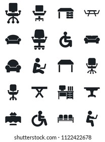 Set of vector isolated black icon - waiting area vector, disabled, office chair, desk, picnic table, cushioned furniture, restaurant, man with notebook