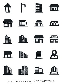 Set of vector isolated black icon - taxi vector, shop, office building, garden light, navigation, store, city house, cafe, storefront