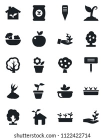 Set of vector isolated black icon - flower in pot vector, seedling, tree, sproute, plant label, fertilizer, fruit, salad, apple, eco house, palm