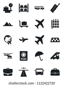 Set of vector isolated black icon - plane vector, runway, taxi, suitcase, baggage trolley, airport bus, umbrella, passport, ladder car, helicopter, seat map, luggage storage, scales, globe, case