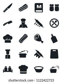 Set of vector isolated black icon - cook vector, cafe, hat, menu, bacon, salt and pepper, ham, bowl, rolling pin, cutting board, knife, steaming pan