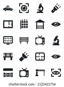 Set of vector isolated black icon - barrier vector, tv, alarm car, seat map, bench, monitor pulse, microscope, eye, torch, plan, alcove, scan