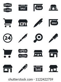 Set of vector isolated black icon - 24 around vector, shop, pen, store, search cargo, sale, sold signboard, cafe building, open close, cart, storefront