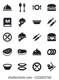 Set of vector isolated black icon - spoon and fork vector, dish, cafe, menu, plates, waiter, steak, kebab, hamburger, bowl, sushi