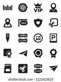 Set of vector isolated black icon - parking vector, no laptop, vip, stamp, plant label, heart shield, navigation, pin, barcode, sd, cut, sertificate, sale, open close, paper plane