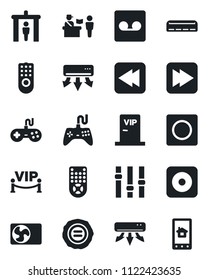 Set of vector isolated black icon - passport control vector, security gate, stamp, gamepad, settings, remote, fast forward, rewind, rec button, record, air conditioner, vip zone, home app