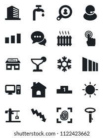 Set of vector isolated black icon - office building vector, crisis graph, house, sun, store, support, sorting, touch screen, dialog, water supply, client search, heater, crane, cocktail, fingerprint