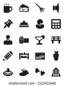 Set of vector isolated black icon - pencil vector, rake, bench, pond, real heart, broken bone, support, rack, speaker, video camera, calculator, calendar, coffee, drawing pin, reception, cocktail