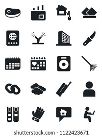 Set of vector isolated black icon - suitcase vector, passport, clouds, office building, rake, glove, garden knife, medical calendar, term, chain, speaker, user, book, mail, steak, serviette, message