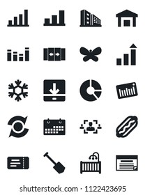 Set of vector isolated black icon - automatic door vector, ticket, growth statistic, job, circle chart, butterfly, warehouse, barcode, equalizer, download, update, calendar, bar graph, hr, hot dog