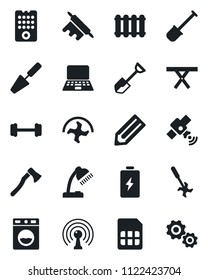 Set of vector isolated black icon - notebook pc vector, pencil, trowel, shovel, ripper, axe, picnic table, barbell, antenna, satellite, sim, desk lamp, rolling pin, remote control, washer, radiator