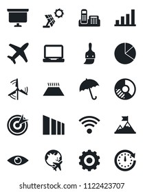 Set of vector isolated black icon - umbrella vector, plane globe, gear, presentation board, circle chart, eye, sorting, laptop pc, themes, bar graph, pie, office phone, windmill, wireless, sun panel
