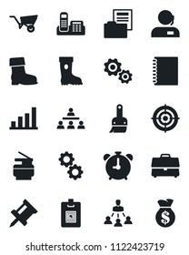 Set of vector isolated black icon - alarm clock vector, wheelbarrow, boot, themes, case, copybook, drawing pin, bar graph, document folder, identity card, office phone, support, target, copier, gear